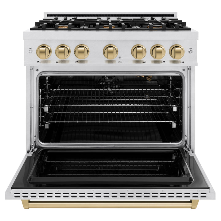 ZLINE Autograph 36" 5.2 cu. ft. Classic Gas Range with 6 Burners in DuraSnow® Stainless Steel and Champagne Bronze Accents, CGRSZ-36-CB