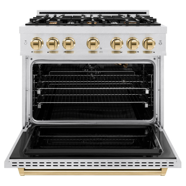 ZLINE Autograph 36" 5.2 cu. ft. Classic Gas Range with 6 Burners in DuraSnow® Stainless Steel and Polished Gold Accents, CGRSZ-36-G