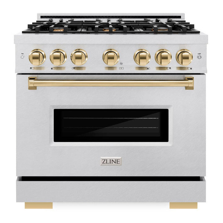 ZLINE Autograph 36" 5.2 cu. ft. Classic Gas Range with 6 Burners in DuraSnow® Stainless Steel and Polished Gold Accents, CGRSZ-36-G