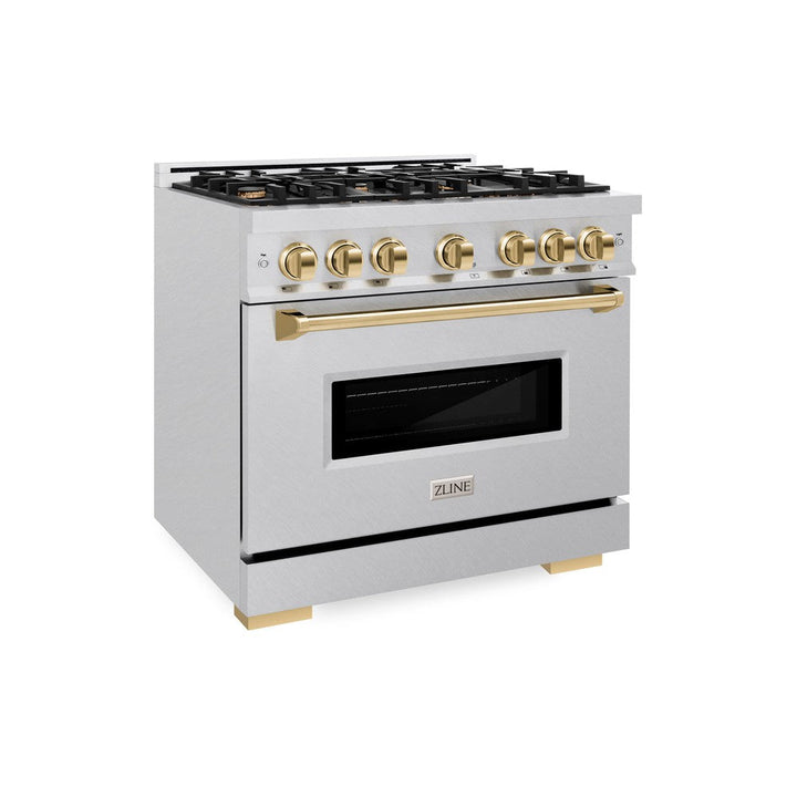 ZLINE Autograph 36" 5.2 cu. ft. Classic Gas Range with 6 Burners in DuraSnow® Stainless Steel and Polished Gold Accents, CGRSZ-36-G