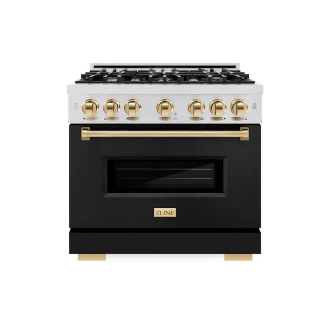 ZLINE Autograph Edition Classic Gas Range with Convection Gas Oven in Satin Stainless Steel Matte Black and Polished Gold Accents