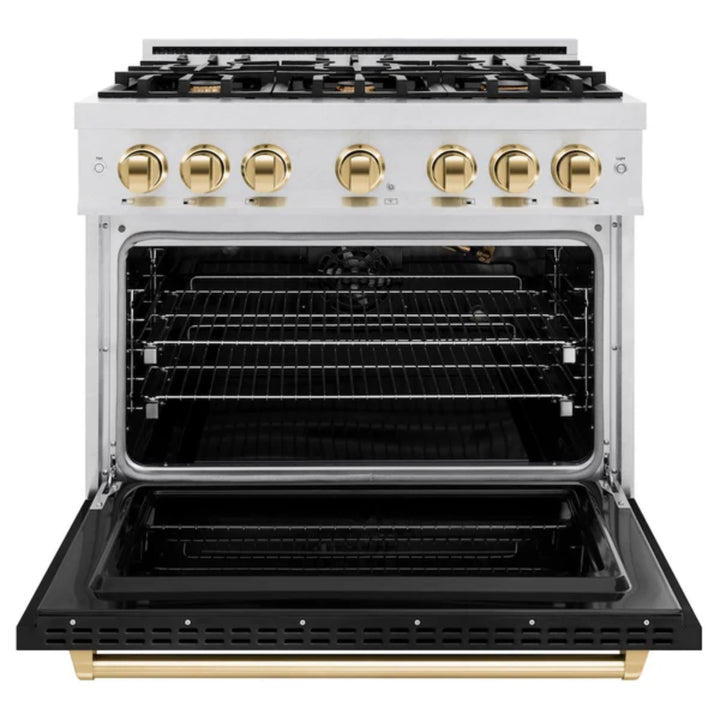 ZLINE Autograph Edition Classic Gas Range with Convection Gas Oven in Satin Stainless Steel Matte Black and Polished Gold Accents