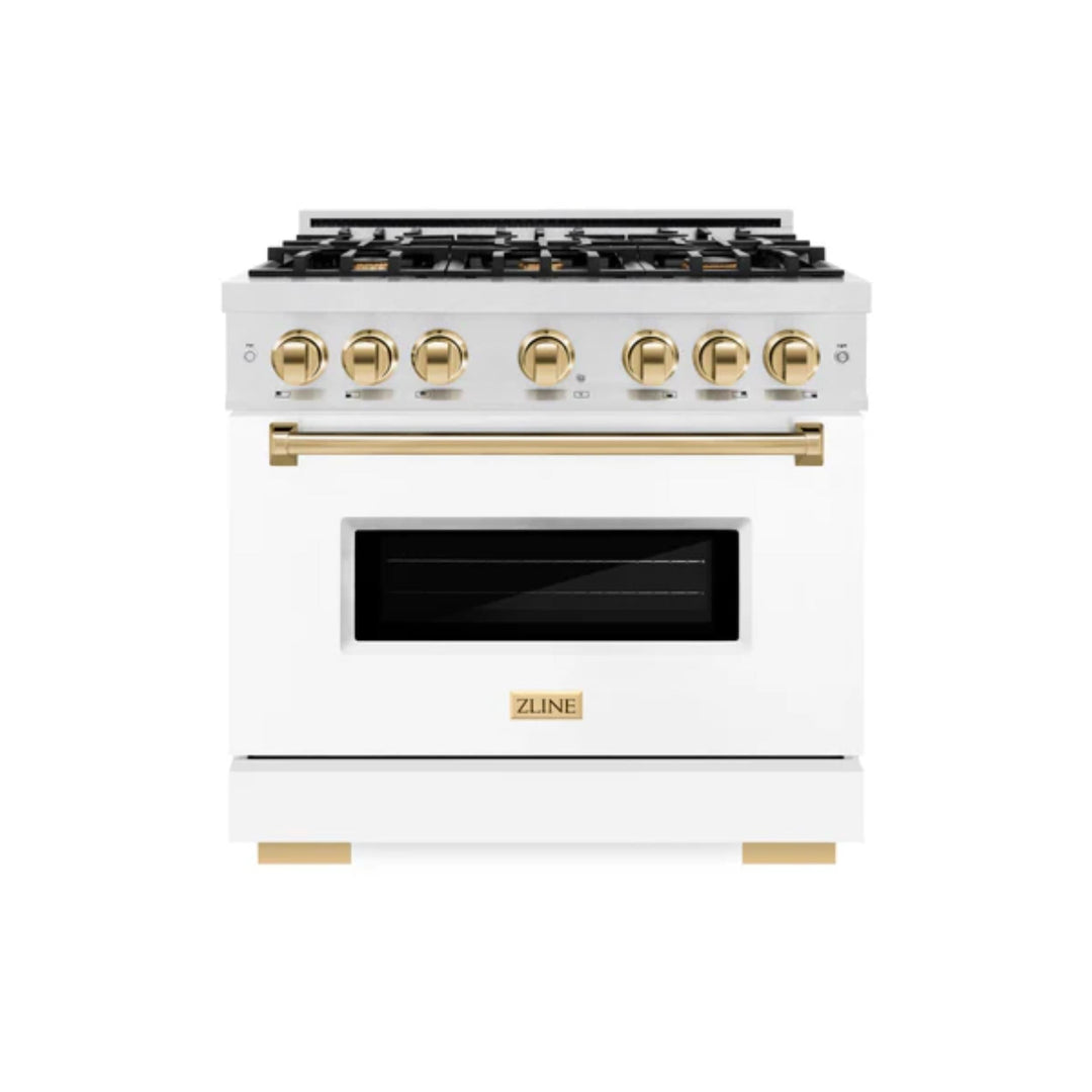 ZLINE Autograph Edition Classic Gas Range with Convection Gas Oven in Satin Stainless Steel Matte White and Polished Gold Accents