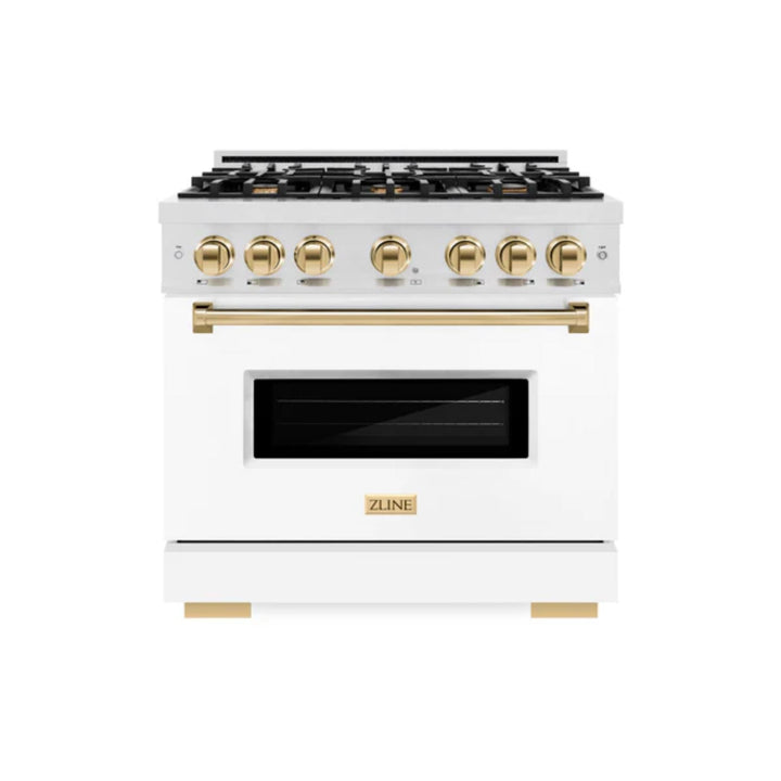 ZLINE Autograph Edition Classic Gas Range with Convection Gas Oven in Satin Stainless Steel Matte White and Polished Gold Accents