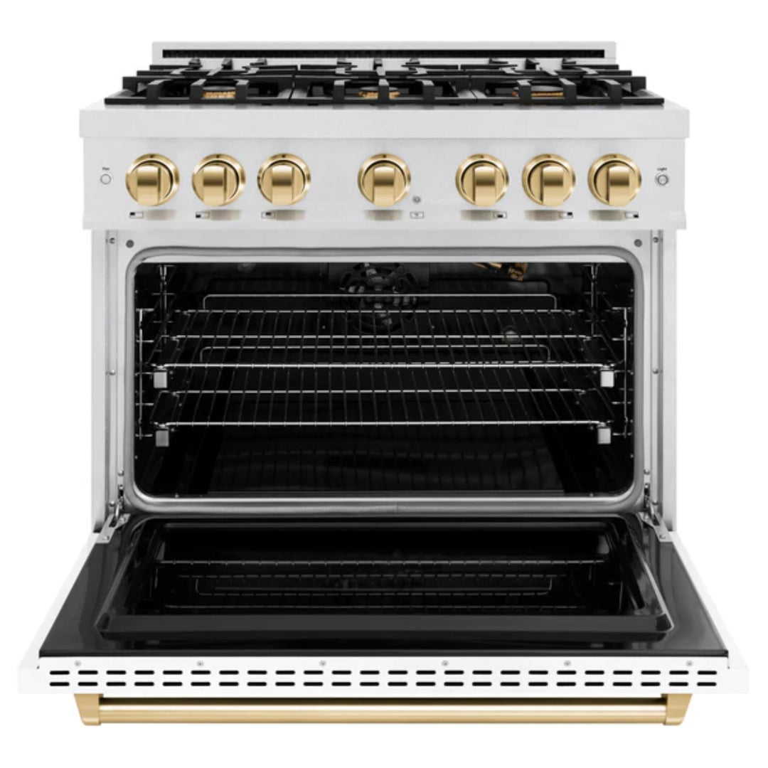 ZLINE Autograph Edition Classic Gas Range with Convection Gas Oven in Satin Stainless Steel Matte White and Polished Gold Accents