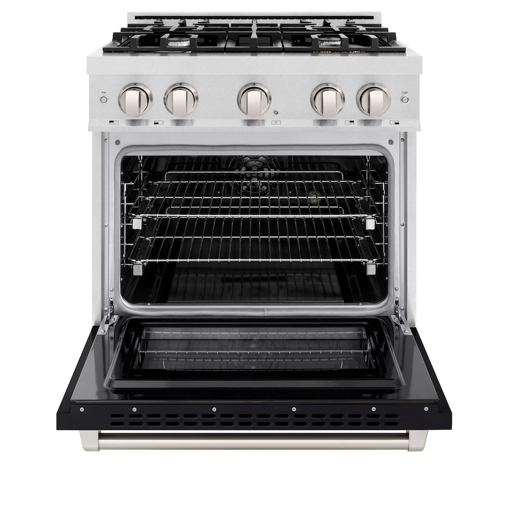 ZLINE 30 in. 4.2 cu. ft. Select Dual Fuel Range with 4 Burner Gas Cooktop and Electric Convection Oven in Satin Stainless Steel with Black Matte Door, Open Box-Excellent Condition