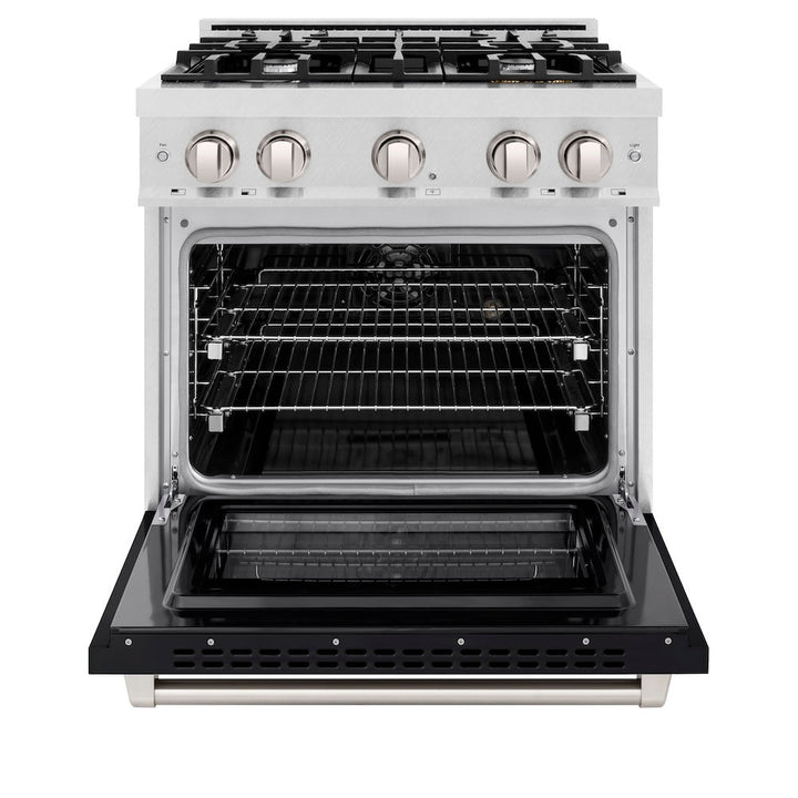 ZLINE 30 in. 4.2 cu. ft. Select Dual Fuel Range with 4 Burner Gas Cooktop and Electric Convection Oven in Satin Stainless Steel with Black Matte Door, Open Box-Excellent Condition