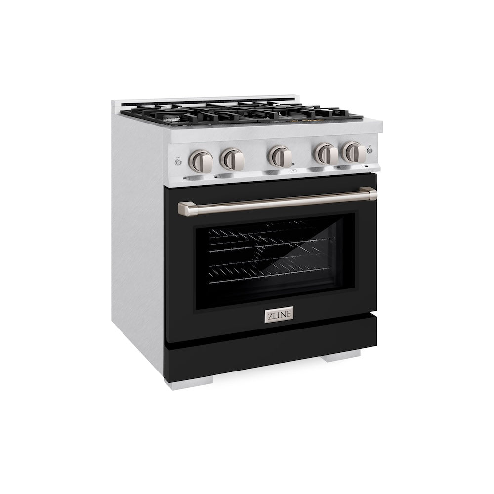 ZLINE 30 in. 4.2 cu. ft. Select Dual Fuel Range with 4 Burner Gas Cooktop and Electric Convection Oven in Satin Stainless Steel with Black Matte Door, Open Box-Excellent Condition