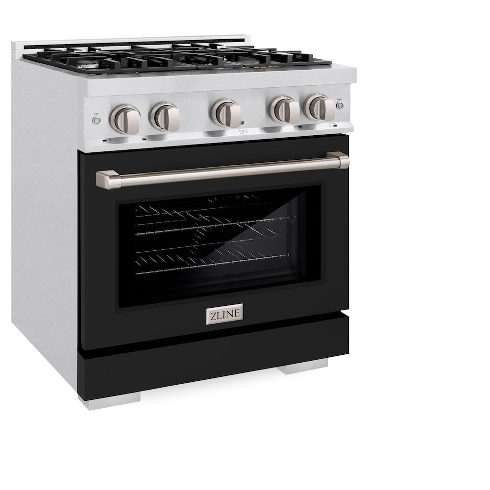 ZLINE 30 in. 4.2 cu. ft. Select Dual Fuel Range with 4 Burner Gas Cooktop and Electric Convection Oven in Satin Stainless Steel with Black Matte Door, Open Box-Excellent Condition