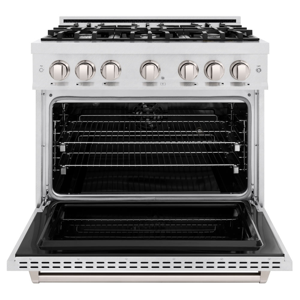 ZLINE 36 in. 5.2 cu. ft. Classic Dual Fuel Range with 6 Burner Gas Cooktop and Electric Convection Oven in Satin Stainless Steel, Open Box-Excellent Condition
