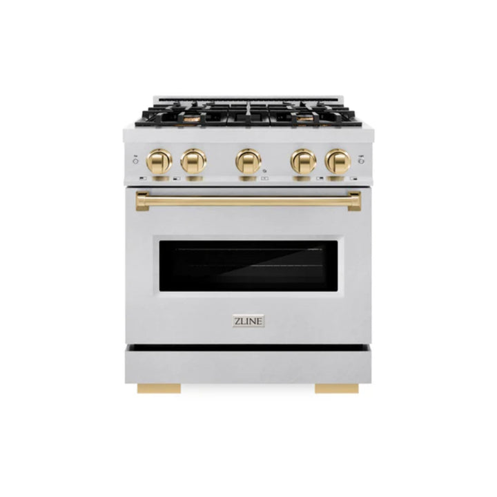 ZLINE Autograph Edition Classic Dual Fuel Ranges with Polished Gold Accents in Satin Stainless Steel
