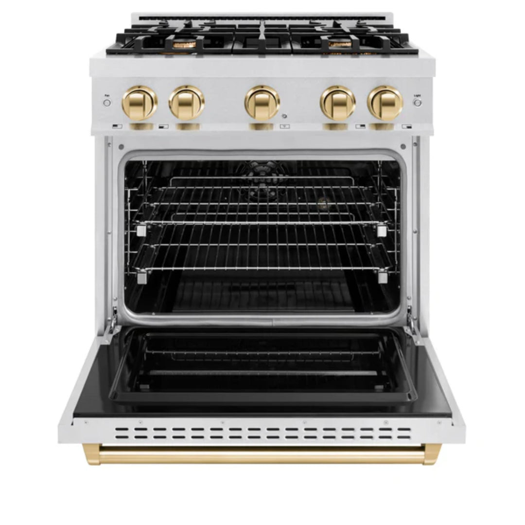 ZLINE Autograph Edition Classic Dual Fuel Ranges with Polished Gold Accents in Satin Stainless Steel