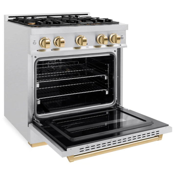 ZLINE Autograph Edition Classic Dual Fuel Ranges with Polished Gold Accents in Satin Stainless Steel