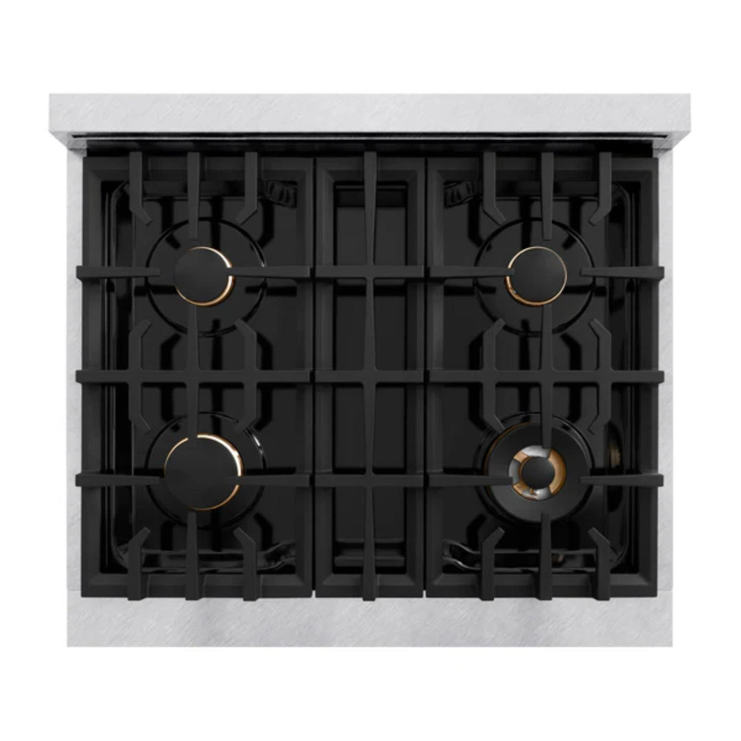 ZLINE Autograph Edition Classic Dual Fuel Ranges with Polished Gold Accents in Satin Stainless Steel