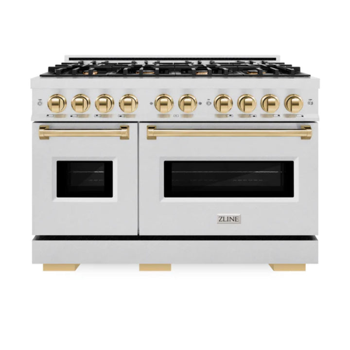 ZLINE Autograph Edition Classic Dual Fuel Ranges with Polished Gold Accents in Satin Stainless Steel
