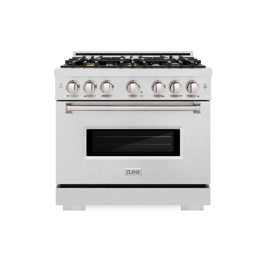 ZLINE 36 in. 5.2 cu. ft. Classic Dual Fuel Range with Gas Cooktop and Electric Convection Oven in Satin Stainless Steel with 6 Brass Burners (CDRS-BR-36)