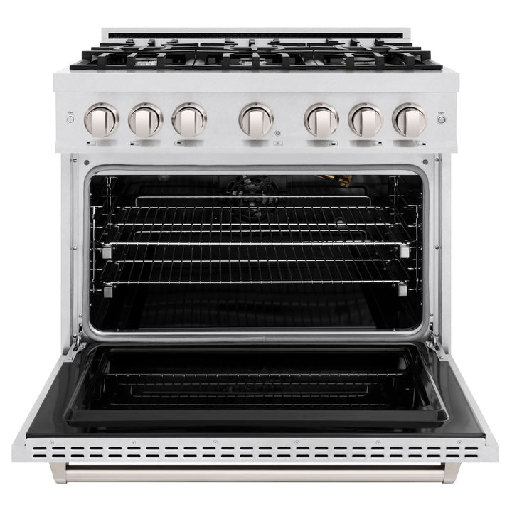 ZLINE 36 in. 5.2 cu. ft. Classic Gas Range with 6 Burner Cooktop and Convection Gas Oven in Satin Stainless Steel, Open Box-Excellent Condition
