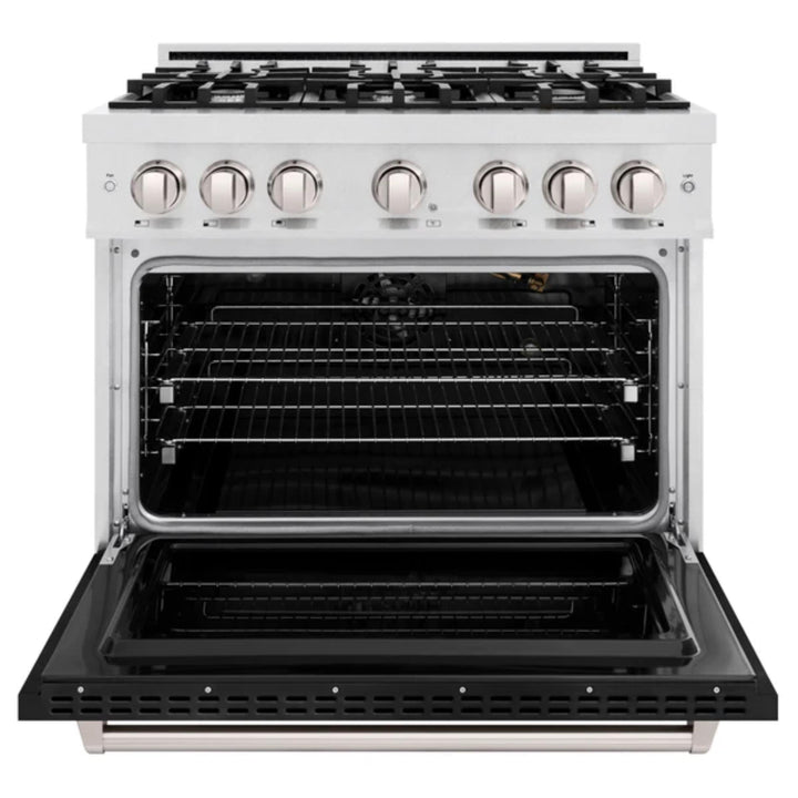 ZLINE Classic Gas Range Series and Convection Gas Oven in Satin Stainless Steel with Black Matte Doors