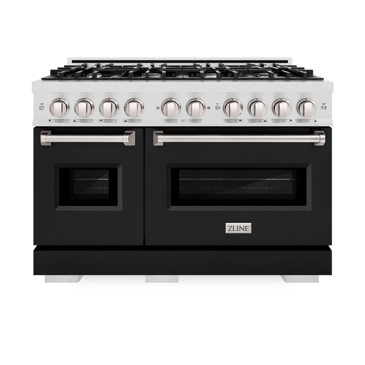 ZLINE 48 in. 6.7 cu. ft. Classic Double Oven Gas Range with 8 Burner Cooktop in Satin Stainless Steel with Black Matte Doors (CGRS-BLM-48)