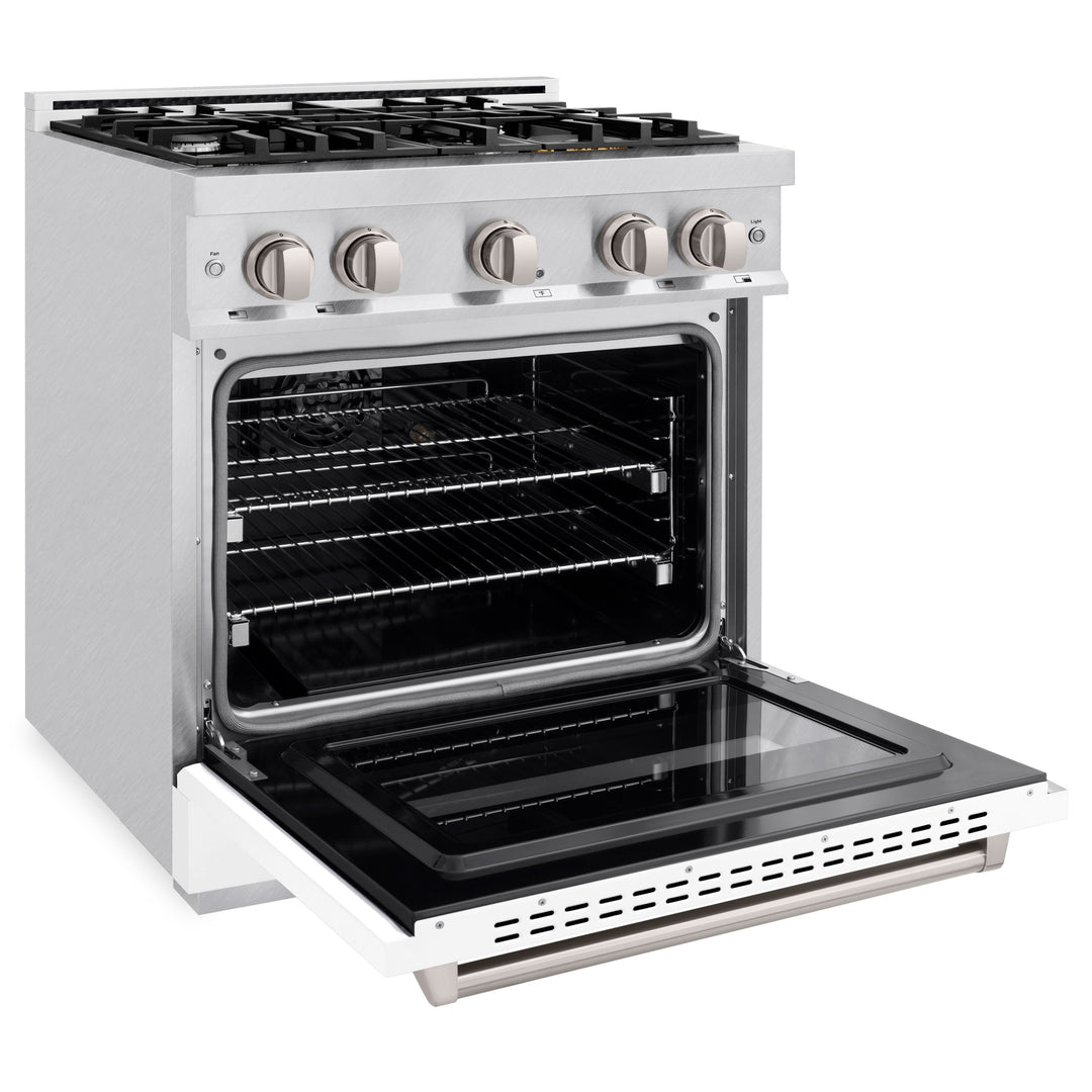 ZLINE 30 in. 4.2 cu. ft. Classic Gas Range with 4 Burner Cooktop and Convection Gas Oven in Satin Stainless Steel with White Matte Door (CGRS-WM-30)