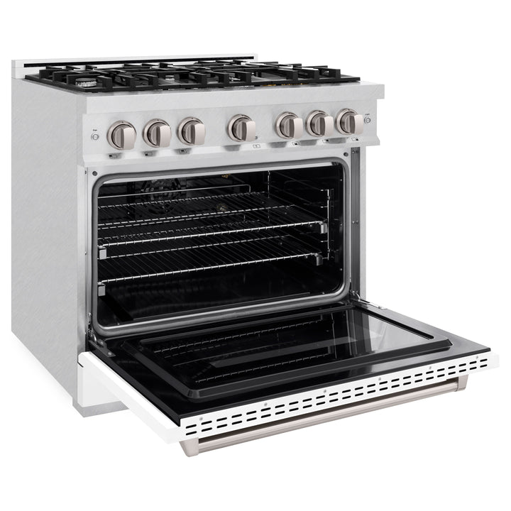 ZLINE 36 in. 5.2 cu. ft. Classic Gas Range with 6 Burner Cooktop and Convection Gas Oven in Satin Stainless Steel with White Matte Door (CGRS-WM-36)