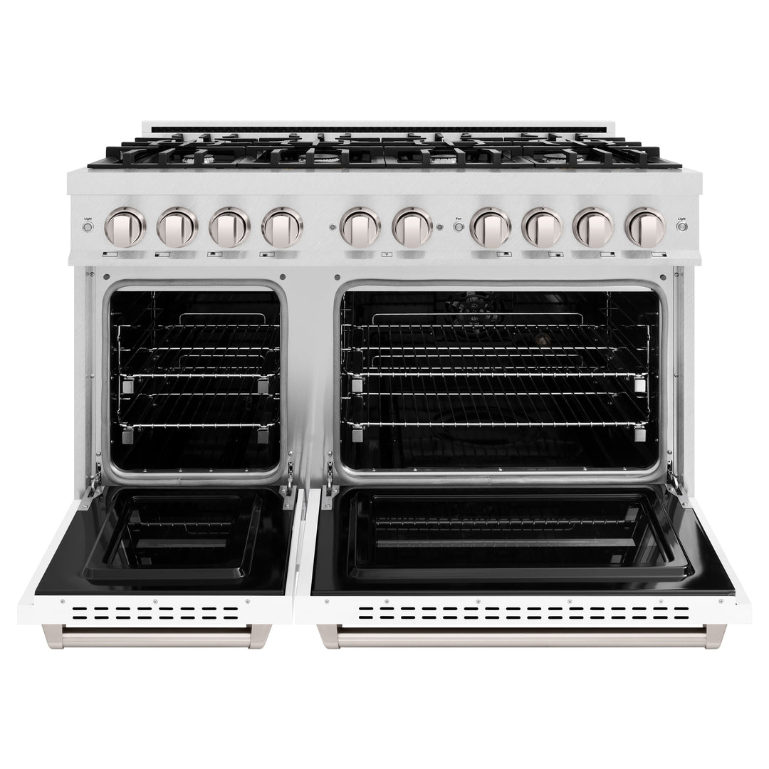 ZLINE 48 in. 6.7 cu. ft. Classic Double Oven Gas Range with 8 Burner Cooktop in Satin Stainless Steel with White Matte Doors (CGRS-WM-48)
