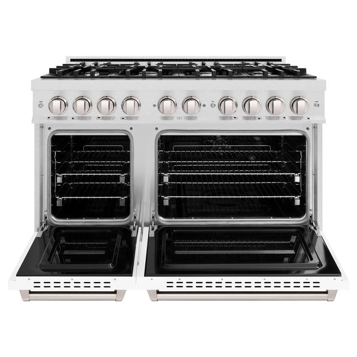 ZLINE 48 in. 6.7 cu. ft. Classic Double Oven Gas Range with 8 Burner Cooktop in Satin Stainless Steel with White Matte Doors (CGRS-WM-48)