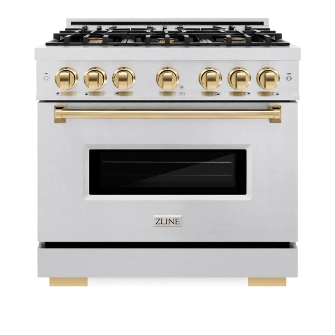 ZLINE Autograph Edition Classic Gas Range with Convection Gas Oven in Satin Stainless Steel and Polished Gold Accents