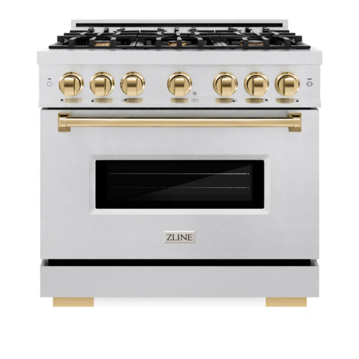 ZLINE Autograph Edition Classic Gas Range with Convection Gas Oven in Satin Stainless Steel and Polished Gold Accents