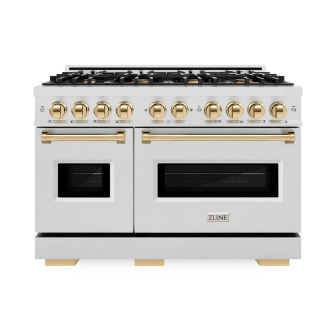 ZLINE Autograph Edition Classic Gas Range with Convection Gas Oven in Satin Stainless Steel and Polished Gold Accents