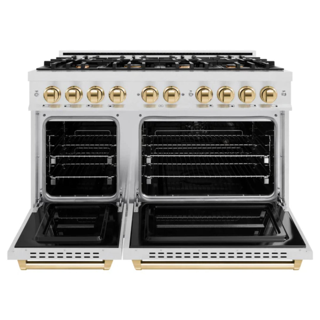 ZLINE Autograph Edition Classic Gas Range with Convection Gas Oven in Satin Stainless Steel and Polished Gold Accents