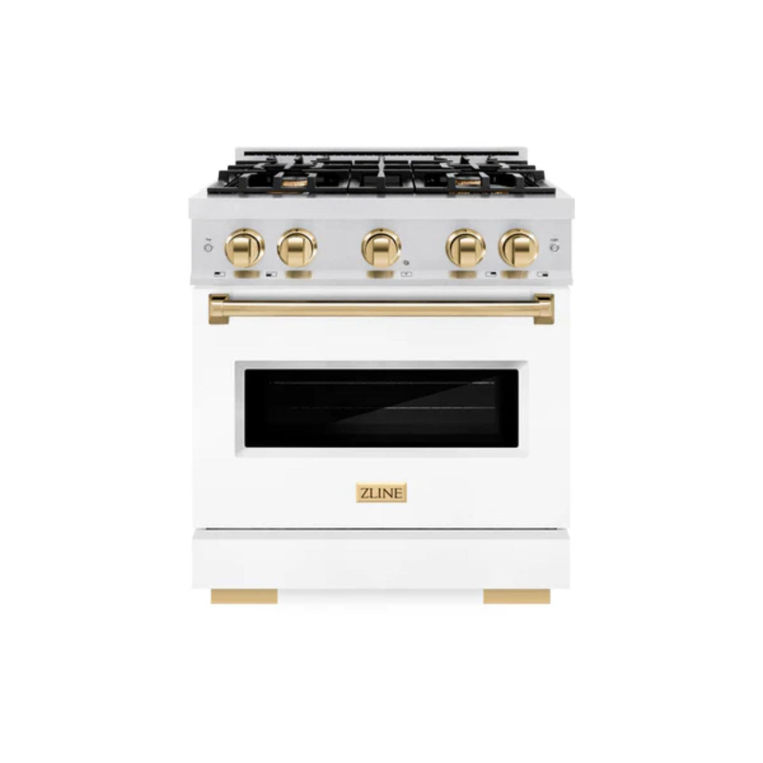 ZLINE Autograph Edition Classic Gas Range with Convection Gas Oven in Satin Stainless Steel Matte White and Polished Gold Accents