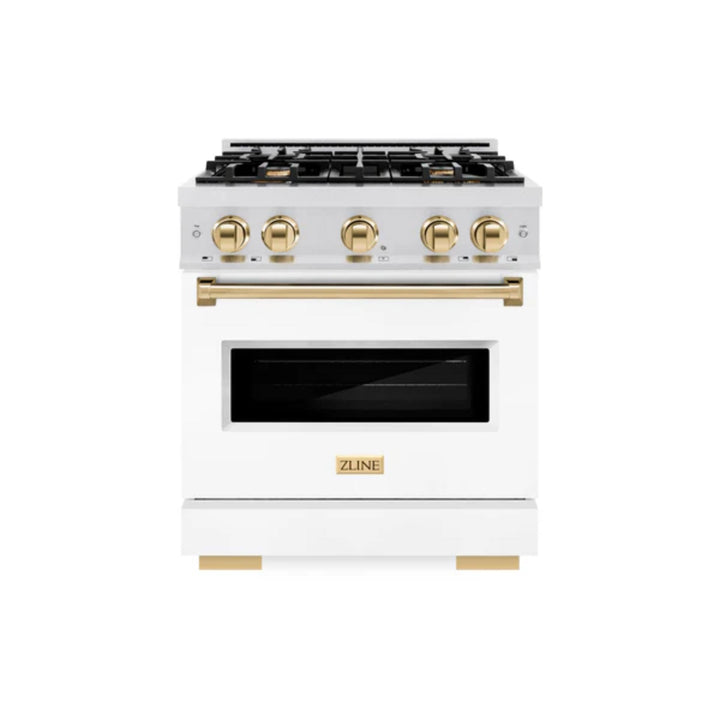 ZLINE Autograph Edition Classic Gas Range with Convection Gas Oven in Satin Stainless Steel Matte White and Polished Gold Accents