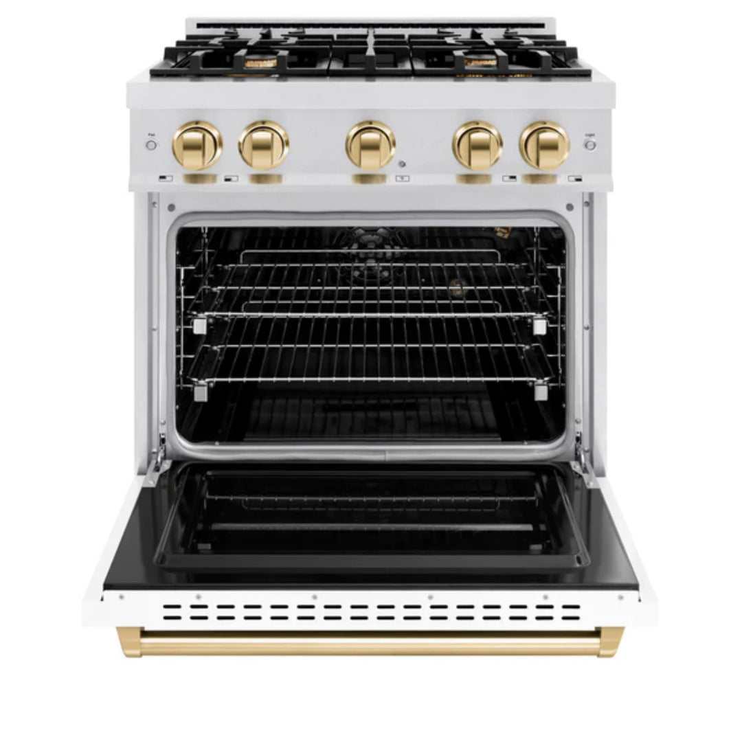 ZLINE Autograph Edition Classic Gas Range with Convection Gas Oven in Satin Stainless Steel Matte White and Polished Gold Accents