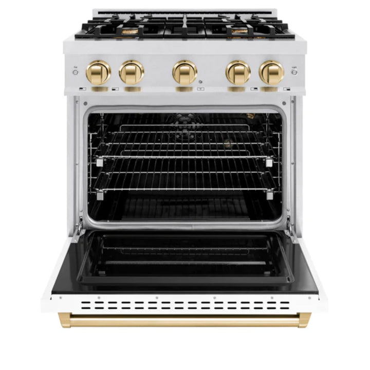 ZLINE Autograph Edition Classic Gas Range with Convection Gas Oven in Satin Stainless Steel Matte White and Polished Gold Accents