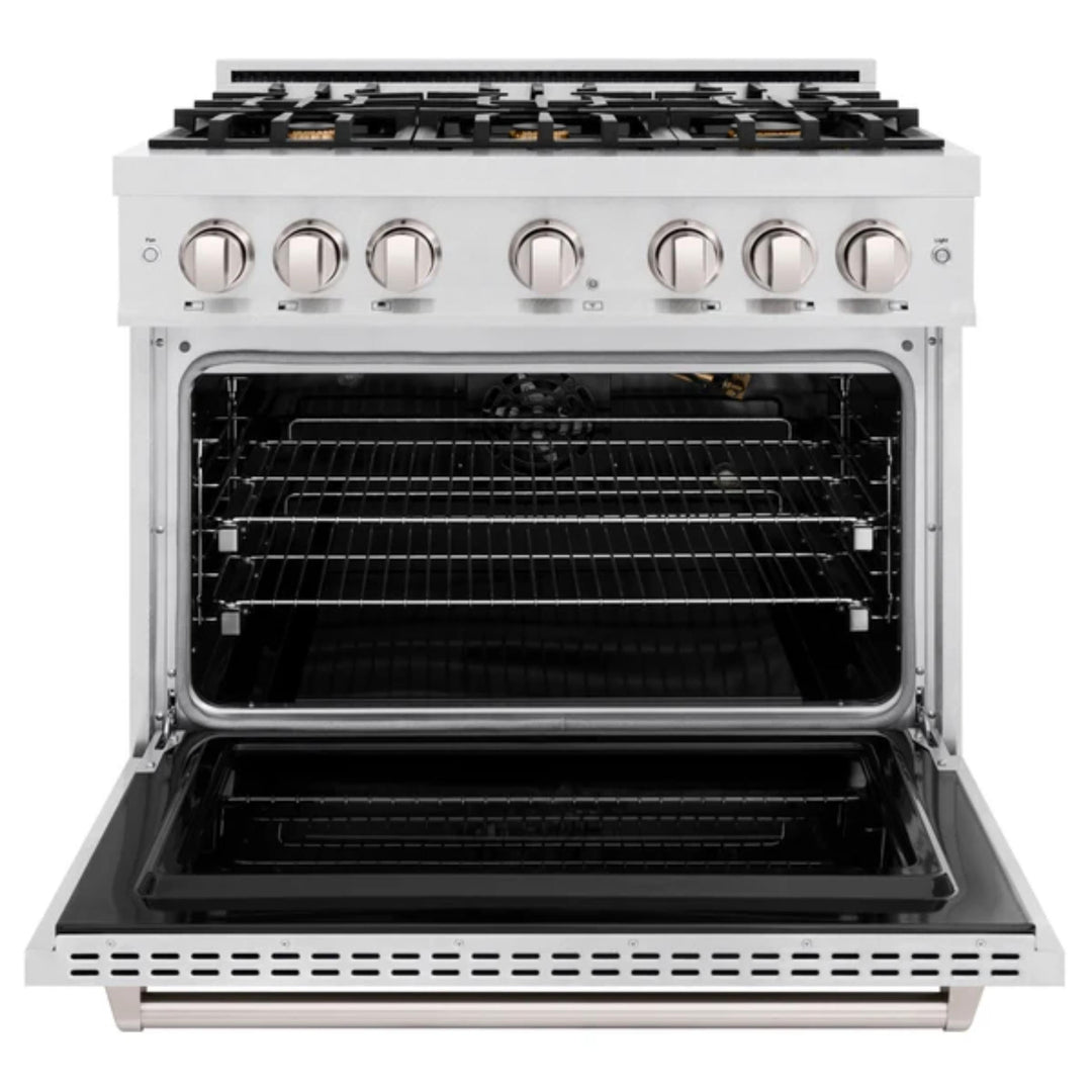 ZLINE Classic Gas Range Series with Convection Gas Oven in Satin Stainless Steel and Brass Burners