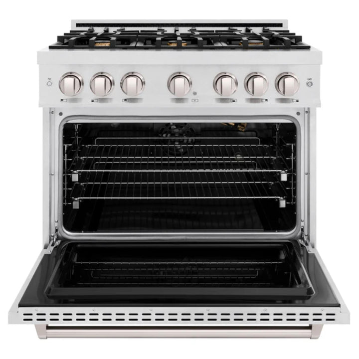 ZLINE Classic Gas Range Series with Convection Gas Oven in Satin Stainless Steel and Brass Burners