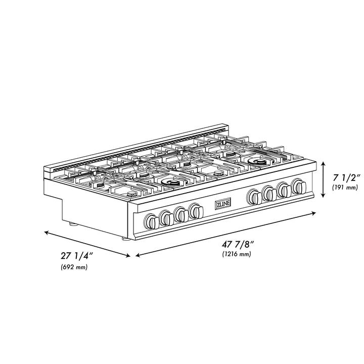 ZLINE 48 in. Classic Gas Rangetop with 8 Brass Burners and Porcelain Cooktop in Satin Stainless Steel with Griddle (RTS-BR-GR-48)