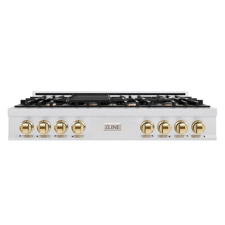 ZLINE Autograph Edition 48 in. Classic Gas Rangetop with 8 Burners and Porcelain Cooktop in Satin Stainless Steel with Polished Gold Accents (RTSZ-48-G)