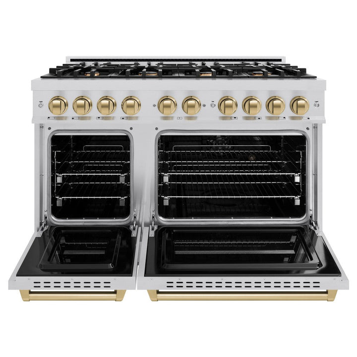 ZLINE Autograph 48" 6.7 cu. ft. Classic Double Oven Dual Fuel Range with 8 Burners in Stainless Steel and Champagne Bronze Accents, CDRZ-48-CB