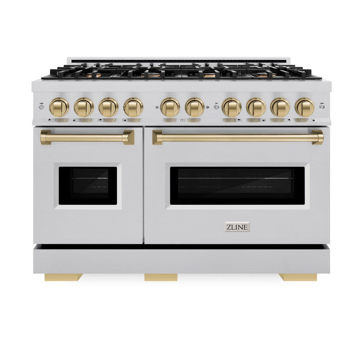 ZLINE Autograph 48" 6.7 cu. ft. Classic Double Oven Dual Fuel Range with 8 Burners in Stainless Steel and Champagne Bronze Accents, CDRZ-48-CB