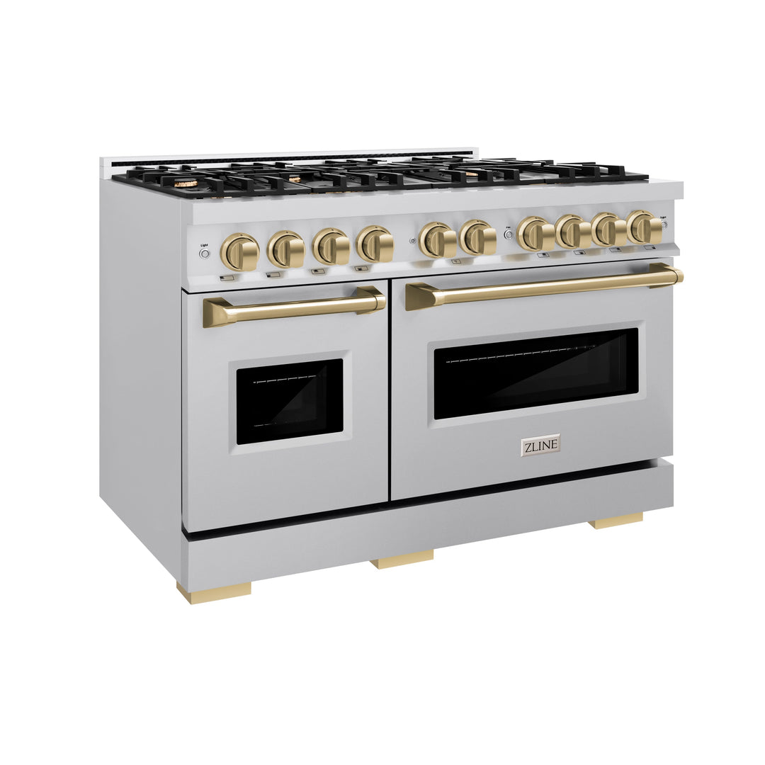 ZLINE Autograph 48" 6.7 cu. ft. Classic Double Oven Dual Fuel Range with 8 Burners in Stainless Steel and Champagne Bronze Accents, CDRZ-48-CB