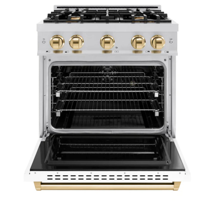 ZLINE Autograph Edition Classic Dual Fuel Ranges in White Matte with Polished Gold Accents