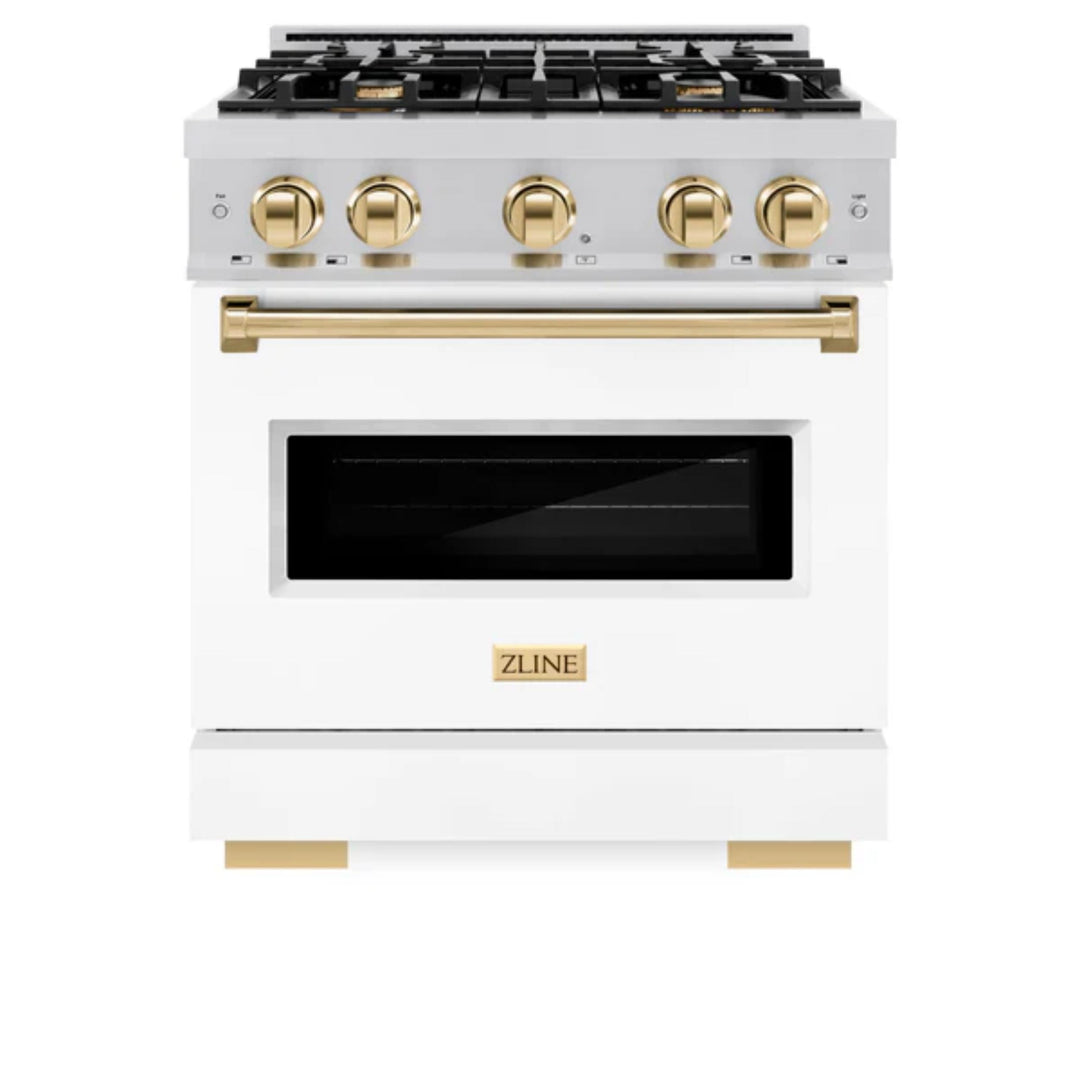 ZLINE Autograph Edition Classic Dual Fuel Ranges in White Matte with Polished Gold Accents