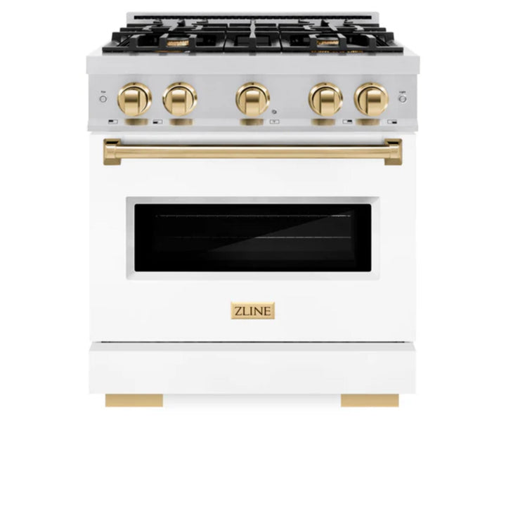 ZLINE Autograph Edition Classic Dual Fuel Ranges in White Matte with Polished Gold Accents
