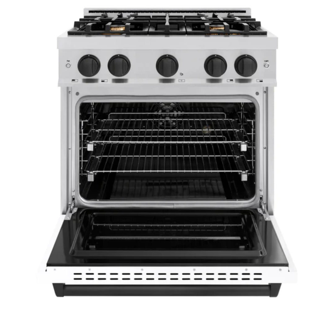 ZLINE Autograph Edition Classic Dual Fuel Ranges in Stainless Steel White Matte Door with Matte Black Accents