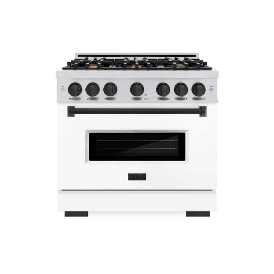 ZLINE Autograph Edition Classic Dual Fuel Ranges in Stainless Steel White Matte Door with Matte Black Accents
