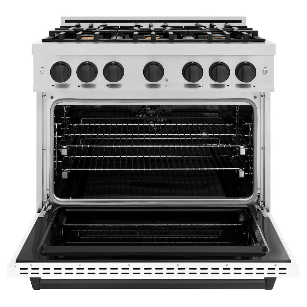 ZLINE Autograph 36" 5.2 cu. ft. Classic Dual Fuel Range with 6 Burners in Stainless Steel with White Matte Door and Matte Black Accents, CDRZ-WM-36-MB