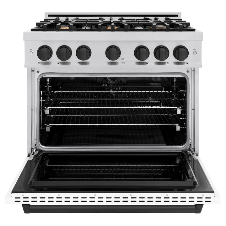 ZLINE Autograph 36" 5.2 cu. ft. Classic Dual Fuel Range with 6 Burners in Stainless Steel with White Matte Door and Matte Black Accents, CDRZ-WM-36-MB