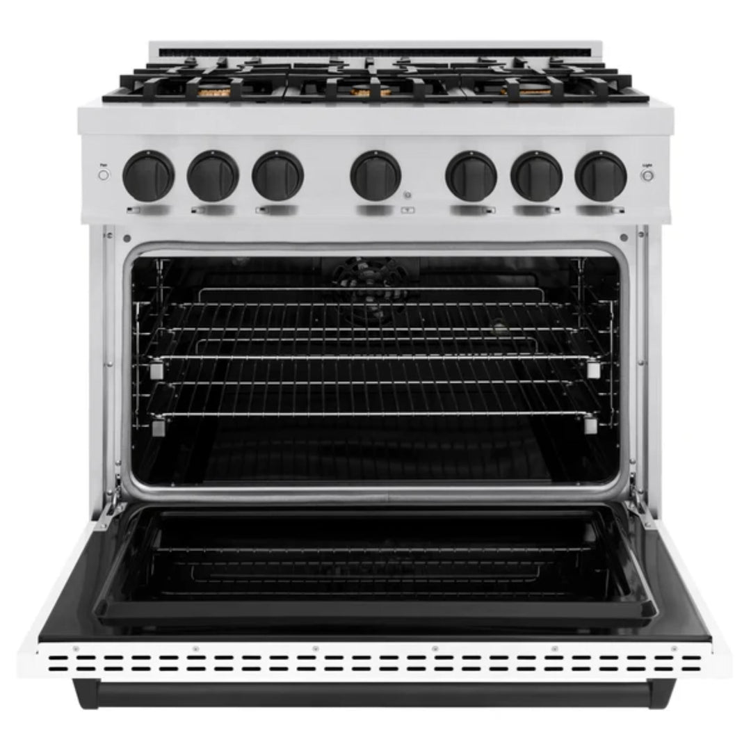 ZLINE Autograph Edition Classic Dual Fuel Ranges in Stainless Steel White Matte Door with Matte Black Accents